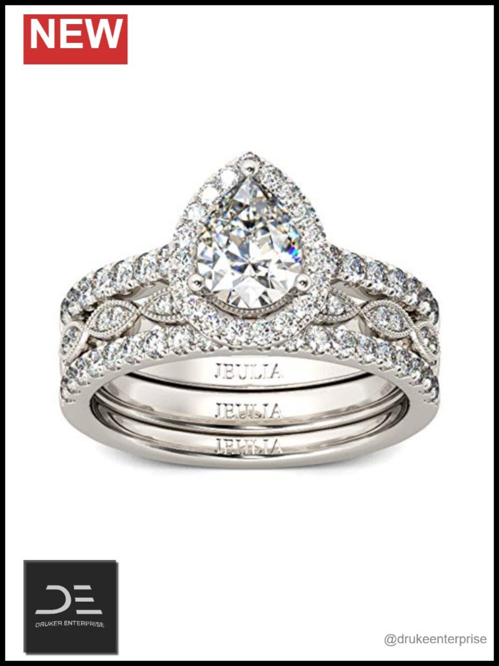 Halo Pear Cut Ring Set CZ Sterling Silver Bridal Set Wedding Engagement Ring